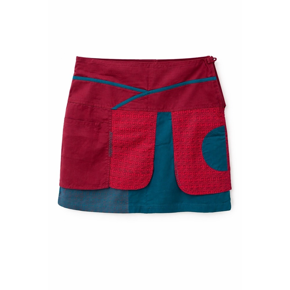 Coline Reversible Boho Mini Skirt XL Burgundy Teal Patchwork 100% Cotton